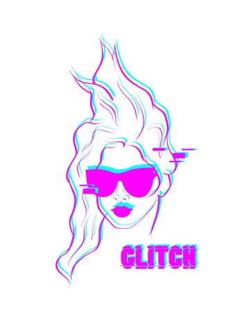 Glitch woman fashion portrait. Glitch effect modern silhouette face. Neon colors pop art design. Cyberpunk model in glasses salon sketch.のイラスト素材