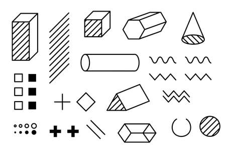 Modern trendy hipster pop art halftone geometric elements. 80s-90s line shape vintage style. Memphis vector graphic dot, line, circle shape set.のイラスト素材