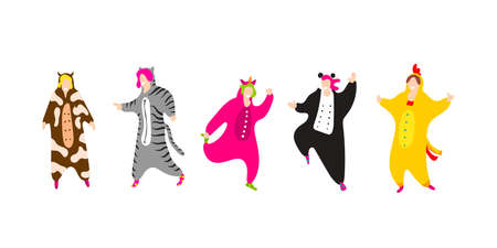 Pajama party. Happy friends in pajamas costume isolatedのイラスト素材