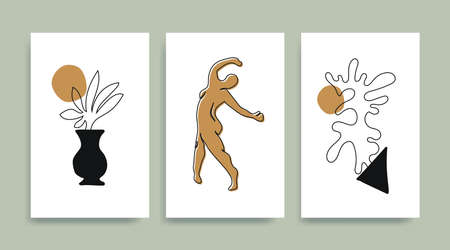 Woman figure dancing silhouette line art Matisse painting. Black golden reproduction of painting. Contemporary Henri Matisse abstract vector poster. Geometric vase shape collage.のイラスト素材