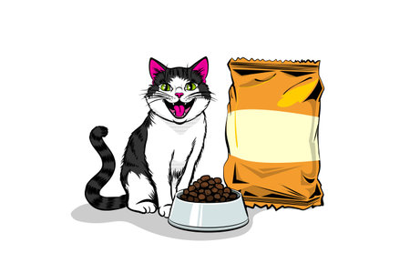 Cheerful cat eagerly awaiting mealtimeのイラスト素材