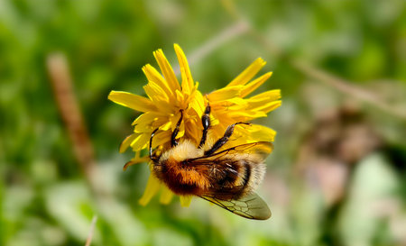 Bumblebee is actively pollinating a wildflower in a lush meadow