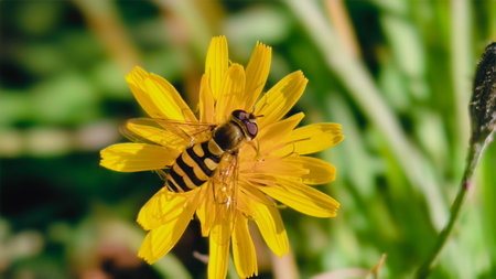A hoverfly rests on a vibrant dandelion flower,の写真素材