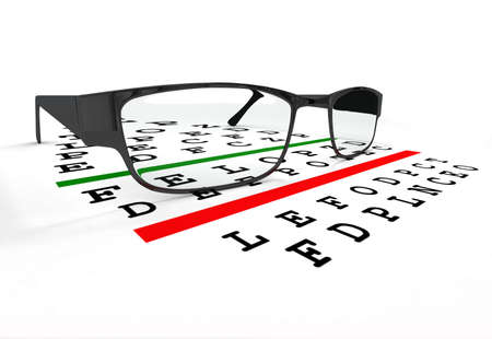 Three-dimensional glasses model with a black frame against the table for sight check 