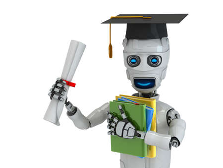 Three-dimensional model of the robot with books and the diplomaの写真素材