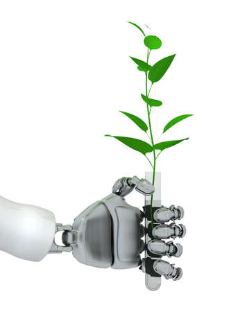 The three-dimensional hand of the robot holds a test tube with a plant