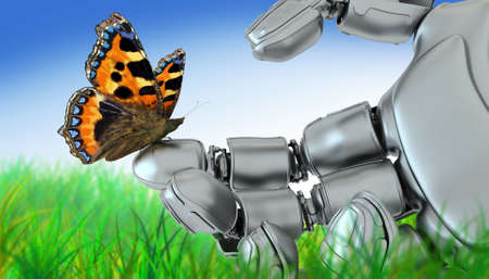 The butterfly on a hand of the robot against a grass of the blue skyの写真素材