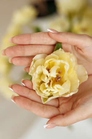 The girl is holding a flower bud in her hands.の写真素材