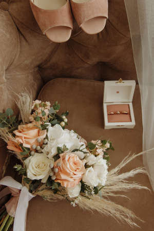 The wedding will be, a box with rings and the brides shoes.の写真素材
