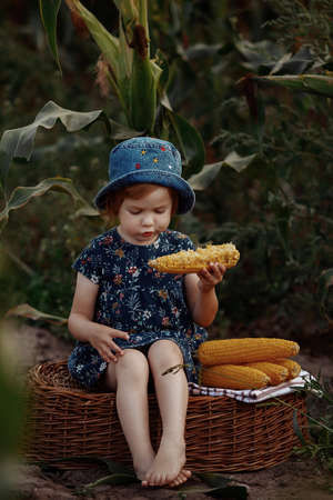 Happy little girl holding an ear of corn.