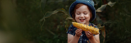 Banner happy little girl holding an ear of corn.