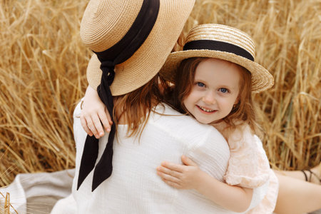 Mom and daughter in a wheat fieldの写真素材