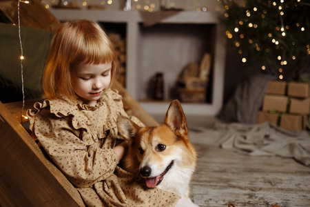 Girl sitting with dogの写真素材