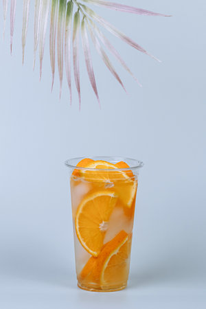 Drink with ice and orange slicesの写真素材