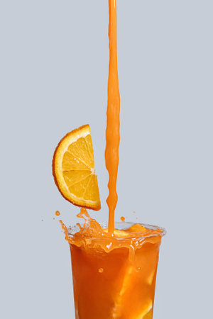 Orange juice is pouring into a glass.