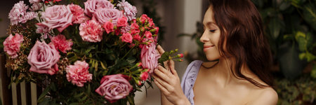 Beautiful young brunette woman in a purple dress.の写真素材