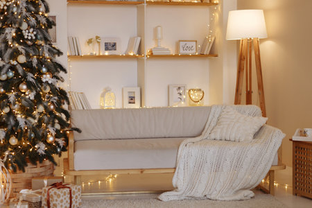 Christmas room design in light colors.の写真素材