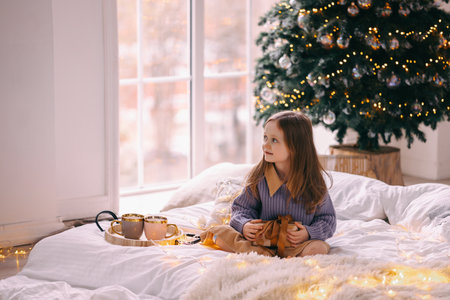 A girl sits at the Christmas tree with a giftの写真素材