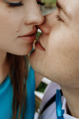 Kiss of a man and a woman, close-up.の写真素材