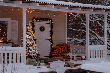 Country cottage decorated for Christmasの写真素材