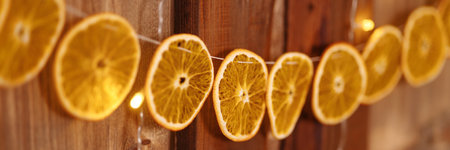 Banner christmas and New Year background with a garland of dried oranges on a wooden wall.の写真素材