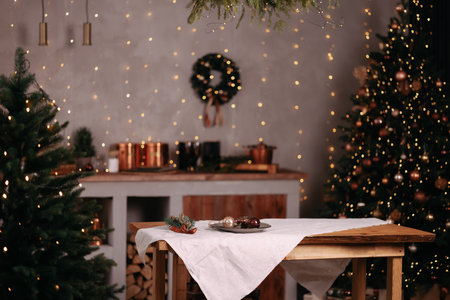 New Years design of the kitchen with wooden furniture.の写真素材