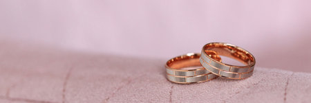 Banner two gold wedding rings.の写真素材