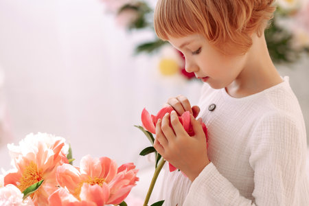 Girl 6-7 years old in a white dress holds a flowerの写真素材