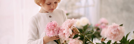 Girl 6-7 years old in a white dress holds a flowerの写真素材