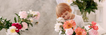 Girl 6-7 years old in a white dress holds a flowerの写真素材