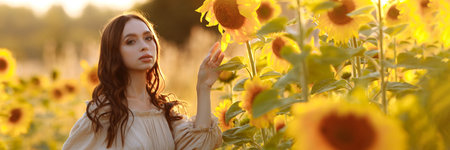 Beautiful woman in a dress in a field of sunflowersの写真素材