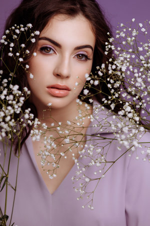 A brunette girl holds a bouquet of gypsophila flowers in her hands.の写真素材