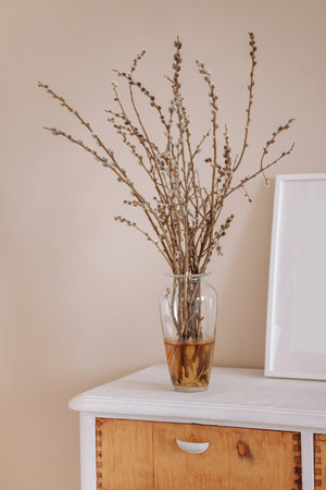 Vase with willow branches on a shelf against a light wallの写真素材