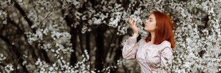 Red-haired woman in a dress against the background of white flowers of an apple treeの写真素材
