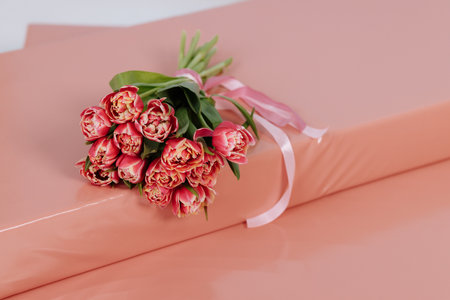 Bouquet of pink tulips on a pink surfaceの写真素材