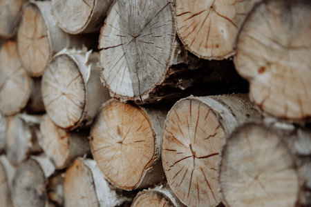 Abundant Logs and Timber Provide Wall of Firewood Backgroundの写真素材