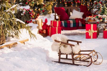 Authentic wooden old sled on Christmas backgroundの写真素材