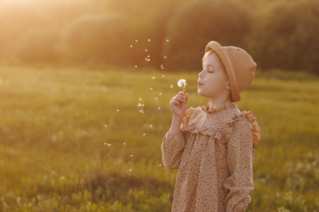 A girl in the field blows on a dandelion.の写真素材