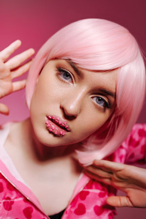 Glamorous portrait of a young woman with pink hair and glitter on her lips