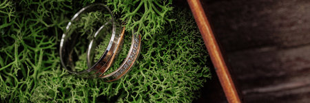 Gold wedding rings on green moss in wooden box