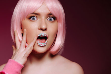 Glamor portrait of a surprised woman with pink hair and gloss on her lipsの写真素材