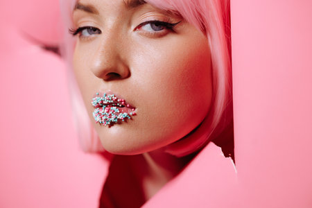 The face of a girl model with bright makeup looks into a hole in pink paperの写真素材