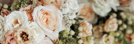 Close-up of peach and white roses in a bouquetの写真素材