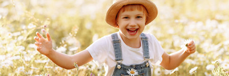 Happy child girl runs through a field of daisies in summerの写真素材