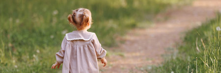 Banner small child girl walking in the park.の写真素材