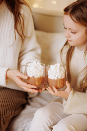 Two people holding cups of hot beverage.の写真素材