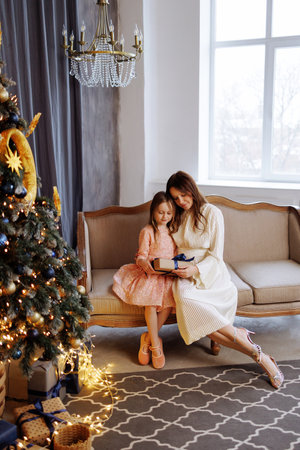 Mother giving Christmas gift to daughter.の写真素材