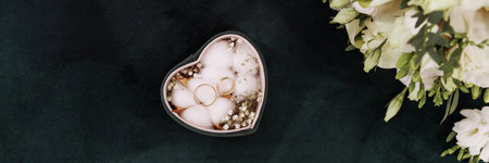 Banner Box with rings in the shape of a heart and a wedding bouquet of roses on a green background