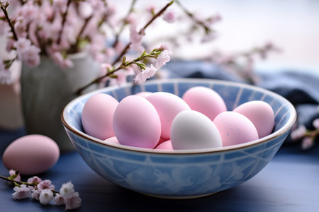 Pink Easter eggs in a blue plate on the tableの素材