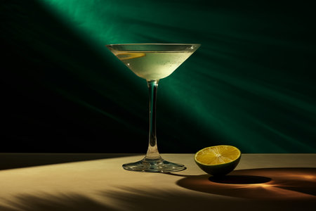 Elegant martini glass with lemon slice.の素材